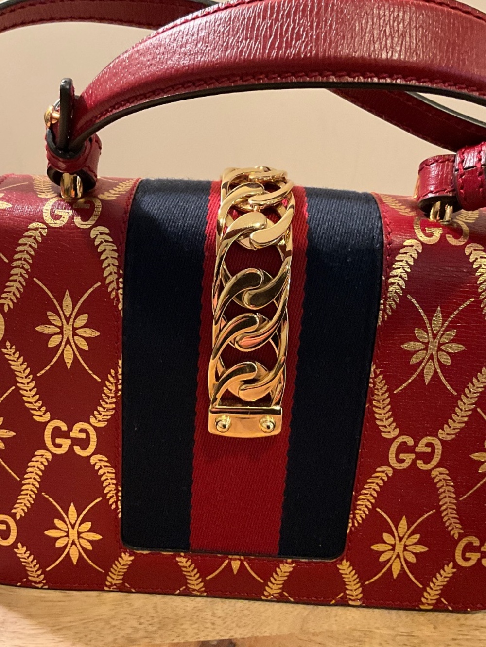 Gucci Sylvie Mini/Small Printed Leather Chain Shoulder Bag in Red E032026229
